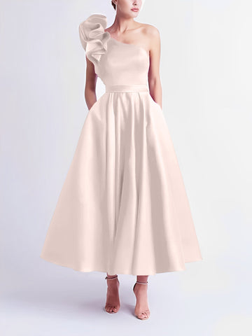 A-Line/Princess Cocktail Dress One-Shoulder Tea-Length Formal Wedding Guest Dresses