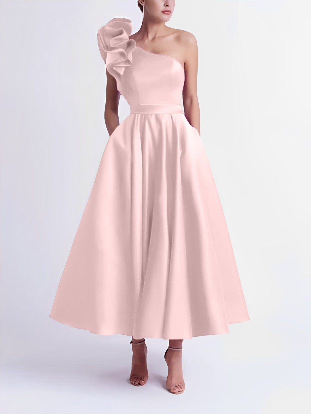 A-Line/Princess Cocktail Dress One-Shoulder Tea-Length Formal Wedding Guest Dresses