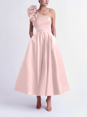 A-Line/Princess Cocktail Dress One-Shoulder Tea-Length Formal Wedding Guest Dresses