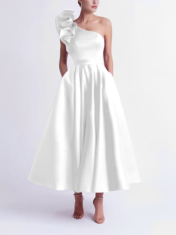 A-Line/Princess Cocktail Dress One-Shoulder Tea-Length Formal Wedding Guest Dresses