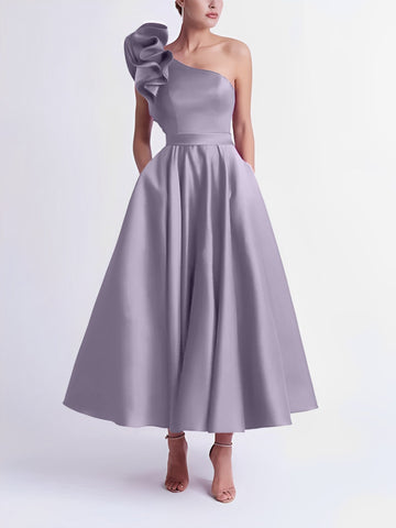 A-Line/Princess Cocktail Dress One-Shoulder Tea-Length Formal Wedding Guest Dresses