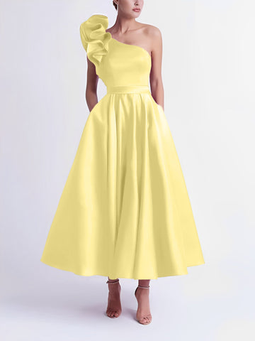 A-Line/Princess Cocktail Dress One-Shoulder Tea-Length Formal Wedding Guest Dresses