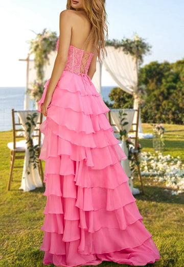 A-Line/Princess Prom Dress Strapless Evening Party Dresses Ruffles Tiered with Sequins Appliques
