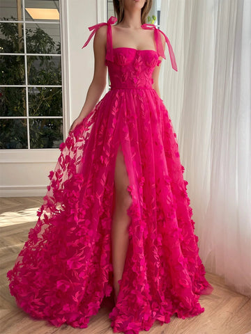 A-Line/Princess Spaghetti Straps Long Prom Floral Dresses With Split Side