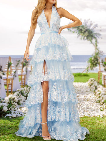 A-Line/Princess Halter V-Neck Long Tiered Prom Dresses with Sequins & Split Side