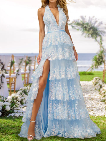A-Line/Princess Halter V-Neck Long Tiered Prom Dresses with Sequins & Split Side