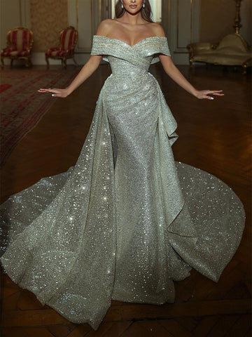 Sheath/Column Off-the-Shoulder Wedding Dress Sparkle Formal Gowns Sweep Brush Train