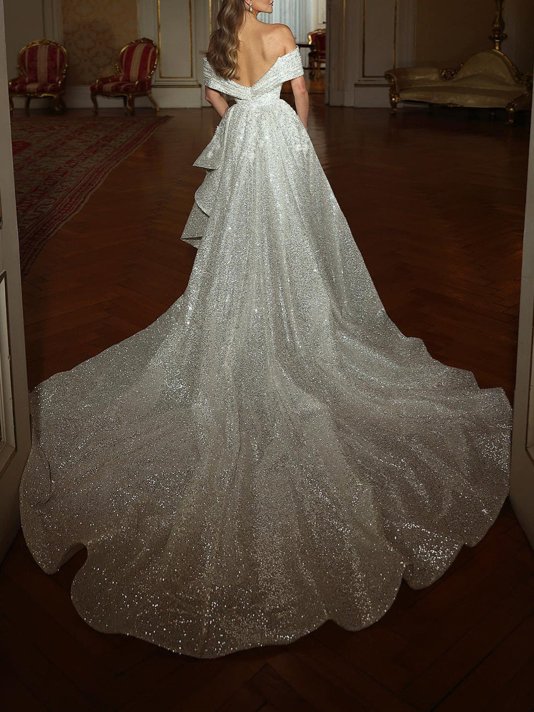 Sheath/Column Off-the-Shoulder Wedding Dress Sparkle Formal Gowns Sweep Brush Train