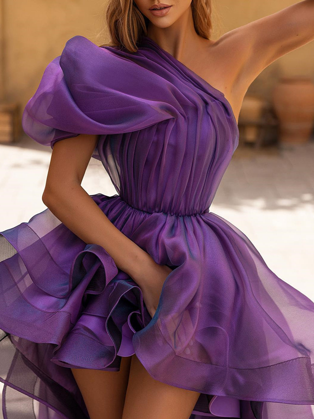A-Line/Princess Prom Dresses One-Shoulder Asymmetrical High Low Tiered Formal Dresses