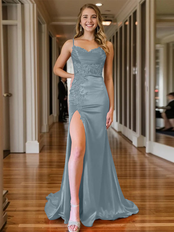Trumpet/Mermaid Prom Dress Spaghetti Straps V-Neck Sleeveless Floor-length Long Formal Dresses with Split Side