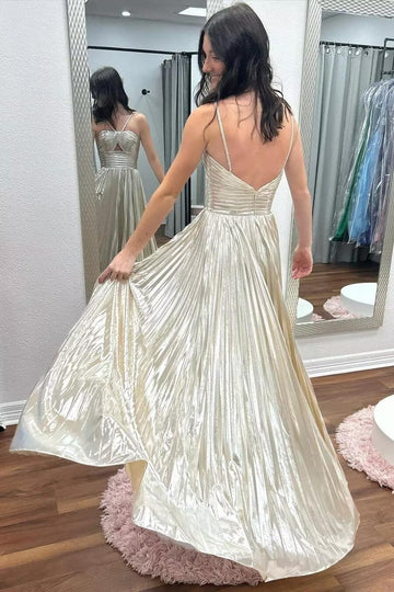 A-Line/Princess Long Prom Dress Metallic Satin Party Dress Spaghetti Straps Sleeveless Floor-length With Side Split