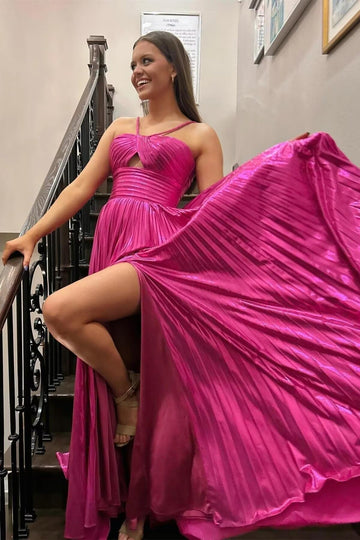A-Line/Princess Long Prom Dress Metallic Satin Party Dress Spaghetti Straps Sleeveless Floor-length With Side Split