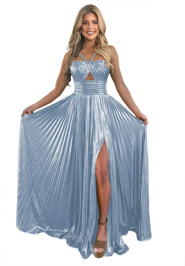 A-Line/Princess Long Prom Dress Metallic Satin Party Dress Spaghetti Straps Sleeveless Floor-length With Side Split