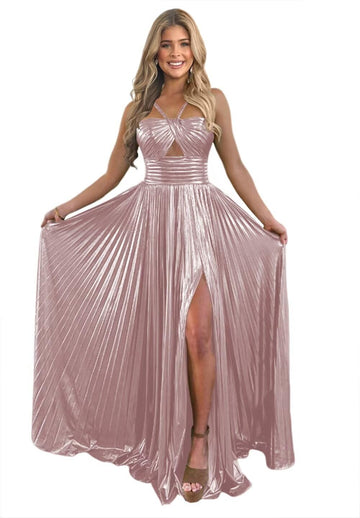 A-Line/Princess Long Prom Dress Metallic Satin Party Dress Spaghetti Straps Sleeveless Floor-length With Side Split