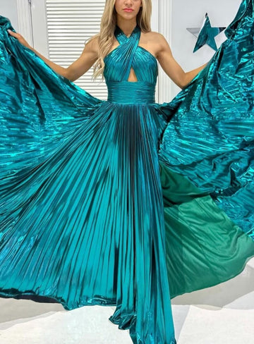 A-Line/Princess Halter Sleeveless Floor-length Long Prom Dresses with Split Side