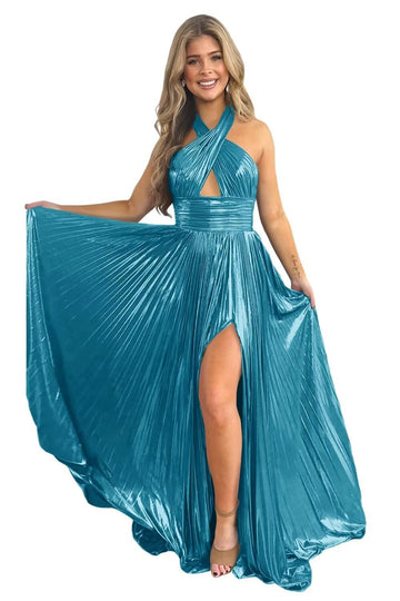 A-Line/Princess Halter Sleeveless Floor-length Long Prom Dresses with Split Side