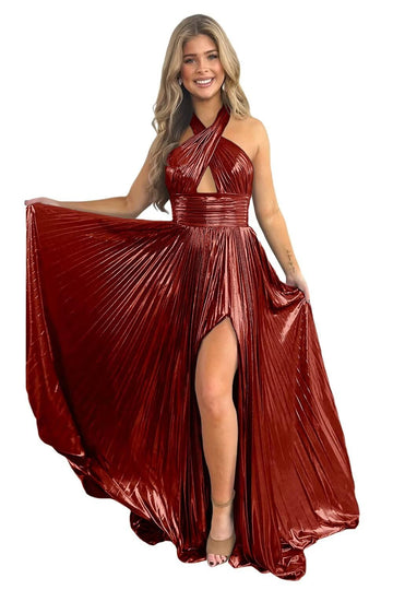A-Line/Princess Halter Sleeveless Floor-length Long Prom Dresses with Split Side