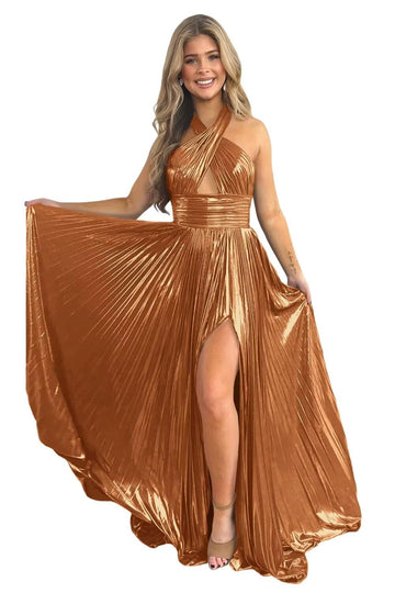 A-Line/Princess Halter Sleeveless Floor-length Long Prom Dresses with Split Side
