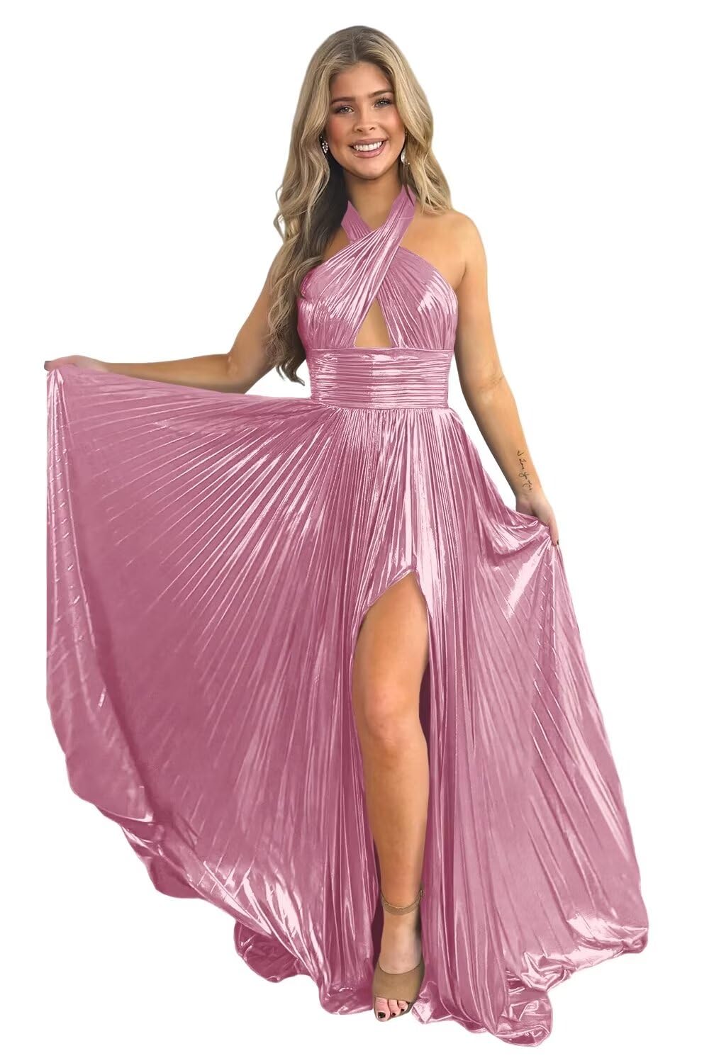 A-Line/Princess Halter Sleeveless Floor-length Long Prom Dresses with Split Side