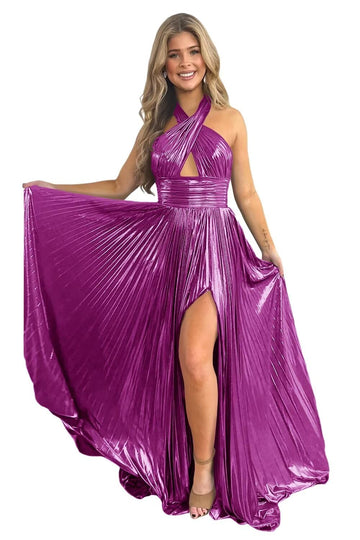 A-Line/Princess Halter Sleeveless Floor-length Long Prom Dresses with Split Side