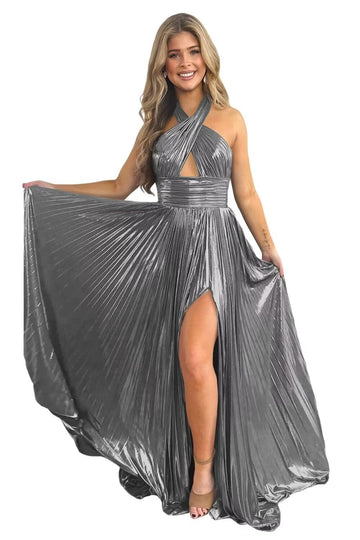 A-Line/Princess Halter Sleeveless Floor-length Long Prom Dresses with Split Side