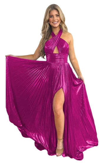 A-Line/Princess Halter Sleeveless Floor-length Long Prom Dresses with Split Side