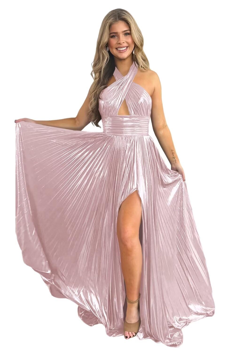 A-Line/Princess Halter Sleeveless Floor-length Long Prom Dresses with Split Side