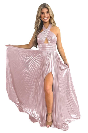 A-Line/Princess Halter Sleeveless Floor-length Long Prom Dresses with Split Side