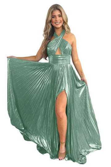 A-Line/Princess Halter Sleeveless Floor-length Long Prom Dresses with Split Side
