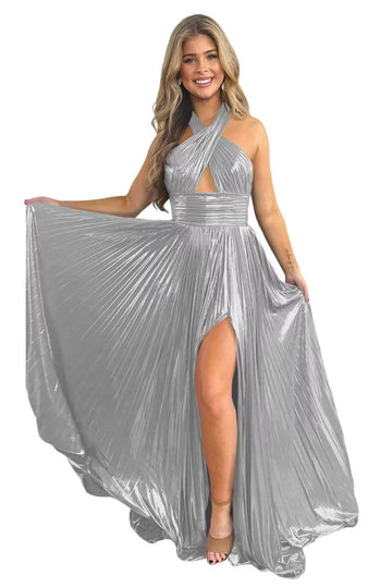 A-Line/Princess Halter Sleeveless Floor-length Long Prom Dresses with Split Side