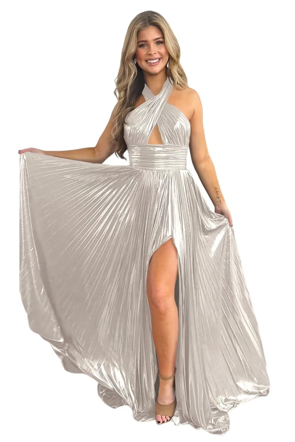 A-Line/Princess Halter Sleeveless Floor-length Long Prom Dresses with Split Side