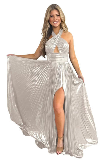 A-Line/Princess Halter Sleeveless Floor-length Long Prom Dresses with Split Side