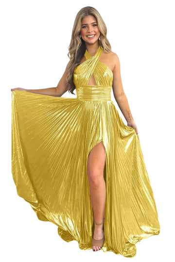 A-Line/Princess Halter Sleeveless Floor-length Long Prom Dresses with Split Side