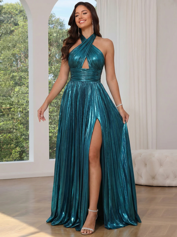 A-Line/Princess Halter Sleeveless Floor-length Long Prom Dresses with Split Side