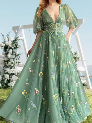 A-Line/Princess V-Neck Short Sleeves Floral Long Prom Dresses With Flowers