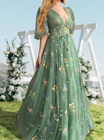 A-Line/Princess V-Neck Short Sleeves Floral Long Prom Dresses With Flowers