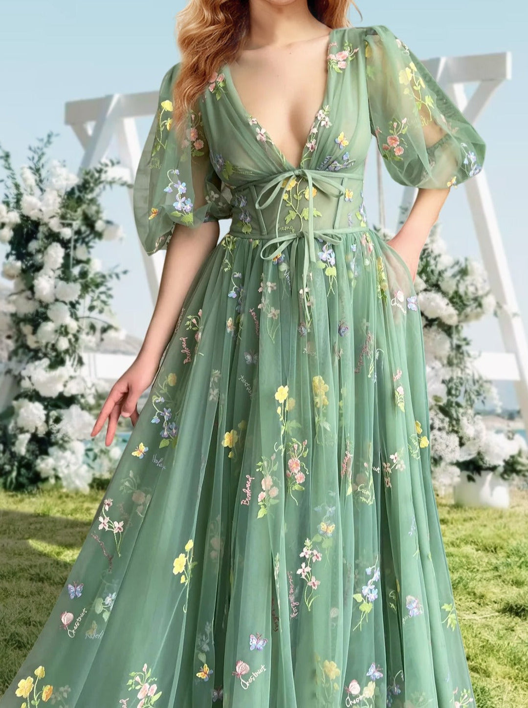 A-Line/Princess V-Neck Short Sleeves Floral Long Prom Dresses With Flowers