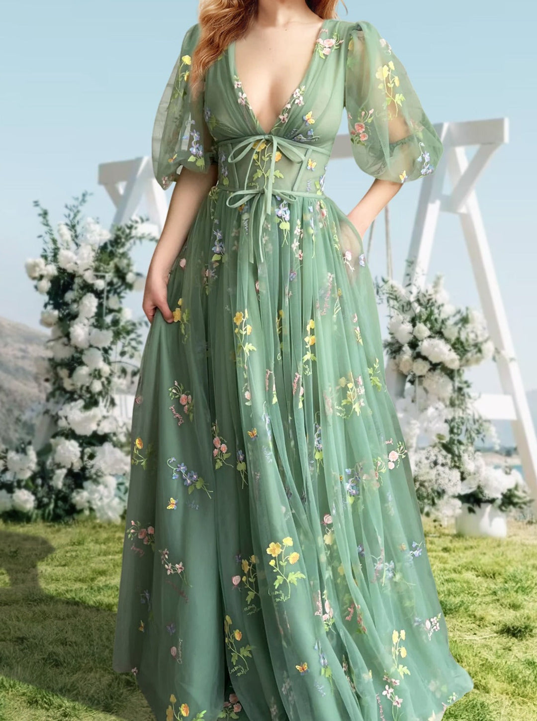A-Line/Princess V-Neck Short Sleeves Floral Long Prom Dresses With Flowers