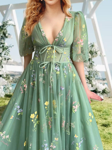 A-Line/Princess V-Neck Short Sleeves Floral Long Prom Dresses With Flowers