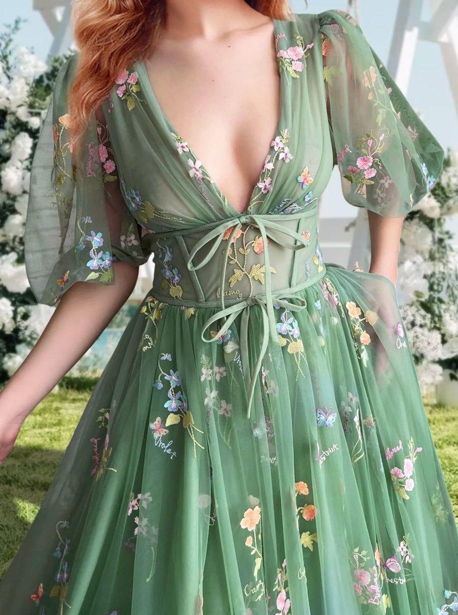 A-Line/Princess V-Neck Short Sleeves Floral Long Prom Dresses With Flowers