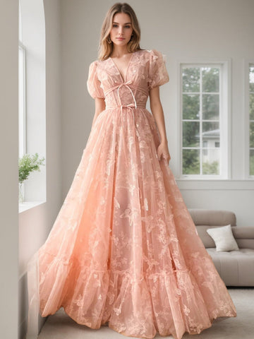 A-Line/Princess V-neck Short Sleeves Floor-length Formal Prom Dresses with Flower
