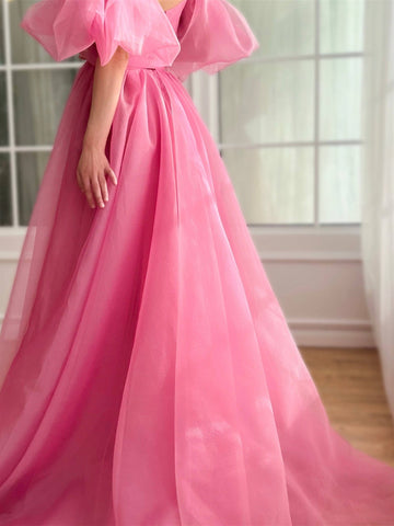 A-Line/Princess  Hot Pink Prom Dress Tulle Sweetheart Off-the-Shoulder Floor Length Formal Dress