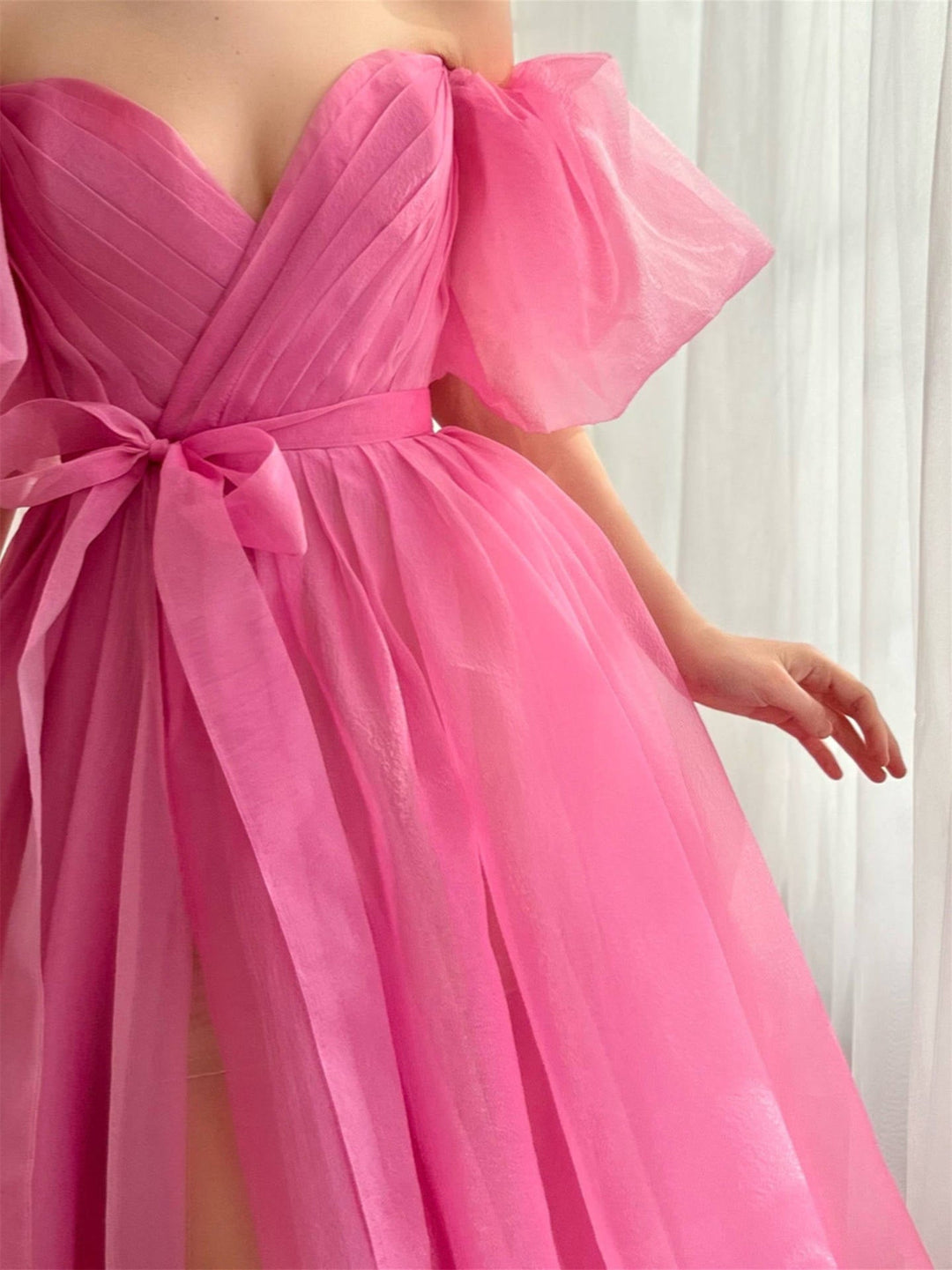 A-Line/Princess  Hot Pink Prom Dress Tulle Sweetheart Off-the-Shoulder Floor Length Formal Dress