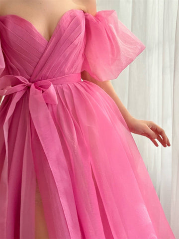A-Line/Princess  Hot Pink Prom Dress Tulle Sweetheart Off-the-Shoulder Floor Length Formal Dress