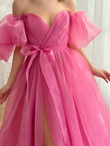 A-Line/Princess  Hot Pink Prom Dress Tulle Sweetheart Off-the-Shoulder Floor Length Formal Dress