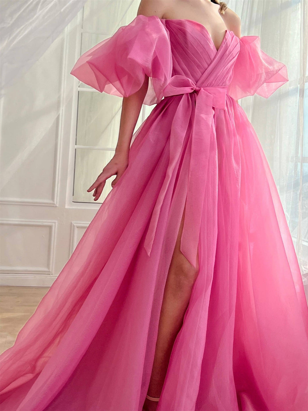 A-Line/Princess  Hot Pink Prom Dress Tulle Sweetheart Off-the-Shoulder Floor Length Formal Dress