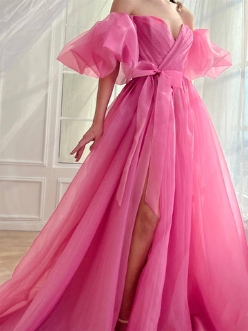 A-Line/Princess  Hot Pink Prom Dress Tulle Sweetheart Off-the-Shoulder Floor Length Formal Dress