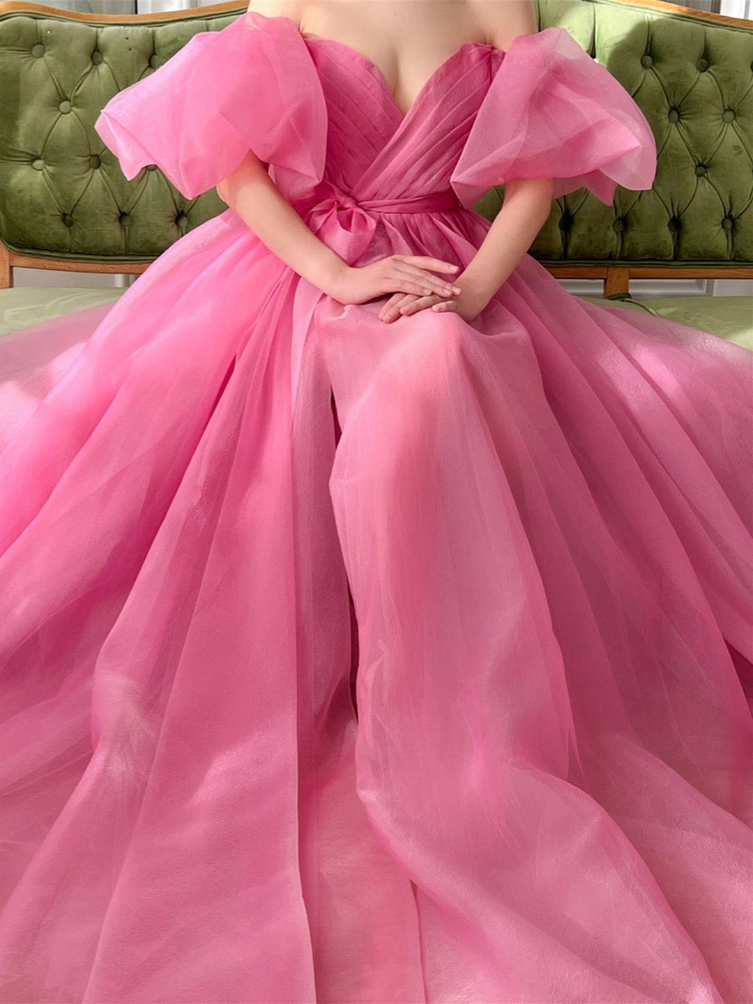 A-Line/Princess  Hot Pink Prom Dress Tulle Sweetheart Off-the-Shoulder Floor Length Formal Dress