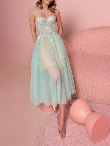A-Line/Princess Cocktail Dress Strapless Sleeveless Tea-Length Floral Dress with Applique
