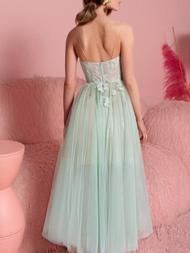 A-Line/Princess Cocktail Dress Strapless Sleeveless Tea-Length Floral Dress with Applique